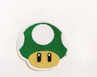 緑のキノコ刺繍アイロン接着パッチ：スーパーマリオアップリケ