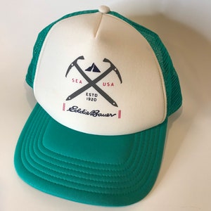 Vintage Eddie Bauer Trucker Hat Sea USA Mesh Hipster Hat Teal Green and White Snap back One Size Snapback image 8