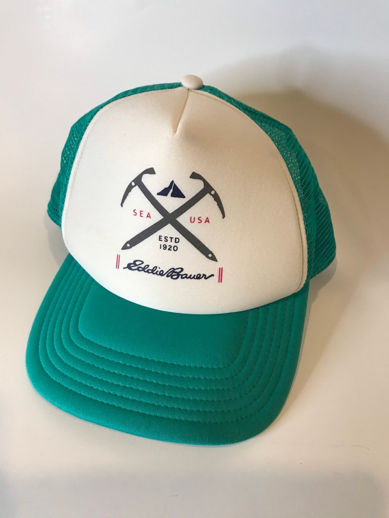 Vintage Eddie Bauer Trucker Hat Sea USA Mesh Hipster Hat Teal Green and White Snap back One Size Snapback image 8