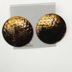 May include: A pair of round, textured earrings with a metallic gold and dark brown finish. The earrings are on a gray backing with the word "POSTS" visible. The earrings have a scale-like pattern.