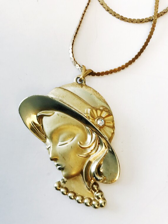 Vintage Lady in Hat Pendant Necklace Art Decor Wo… - image 4