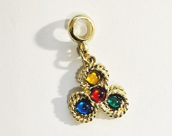 Vintage Rainbow Sequin Charm Birthstone Pendant Three Circle Gold Tone Metal Glam Jewelry Making