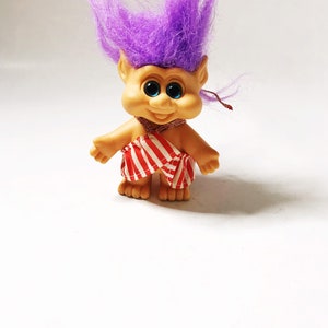 Troll with Purple Hair, 1992 Pointy Ear Funny Troll with Striped Halter Dress I.T.B International Teddy Bear Collectible Vintage Trolls 90s image 6