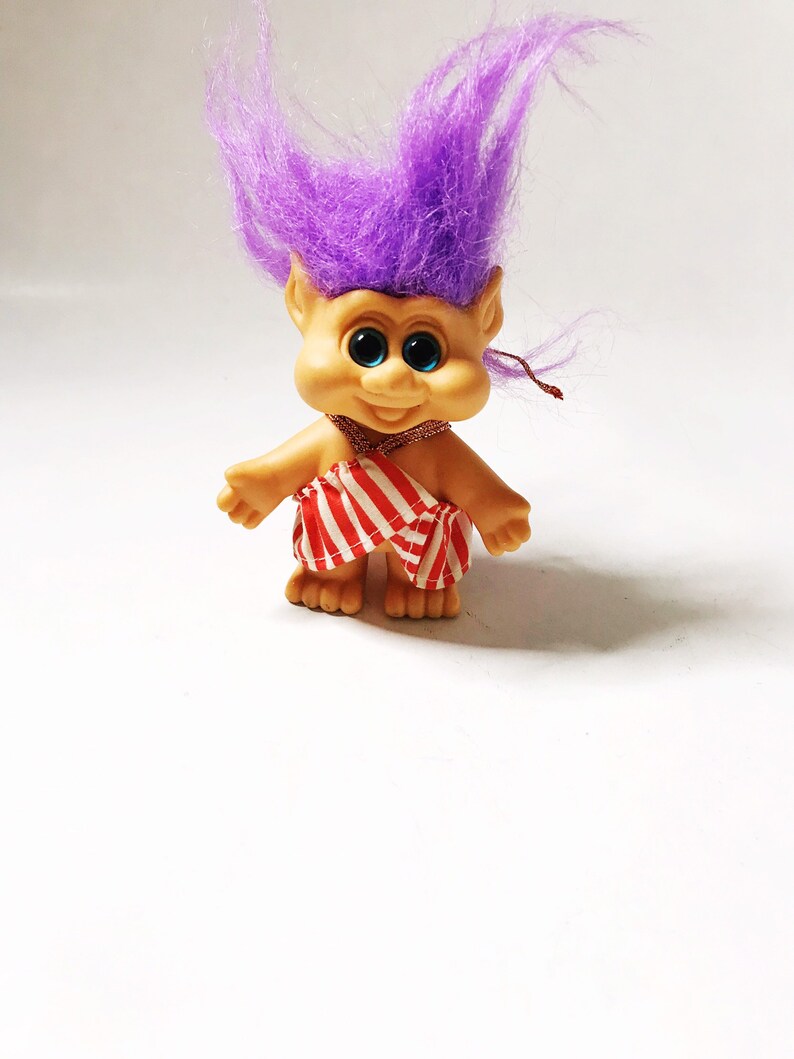 Troll with Purple Hair, 1992 Pointy Ear Funny Troll with Striped Halter Dress I.T.B International Teddy Bear Collectible Vintage Trolls 90s image 6