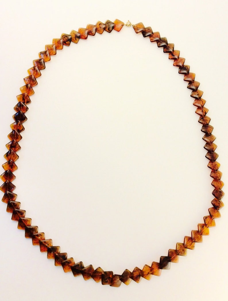 Vintage Tortoise Plastic Necklace Lucite Brown Marble Colored Diamond Cut Shaped Jewelry Geometric Design Amber Brown Long Boho Necklace image 4