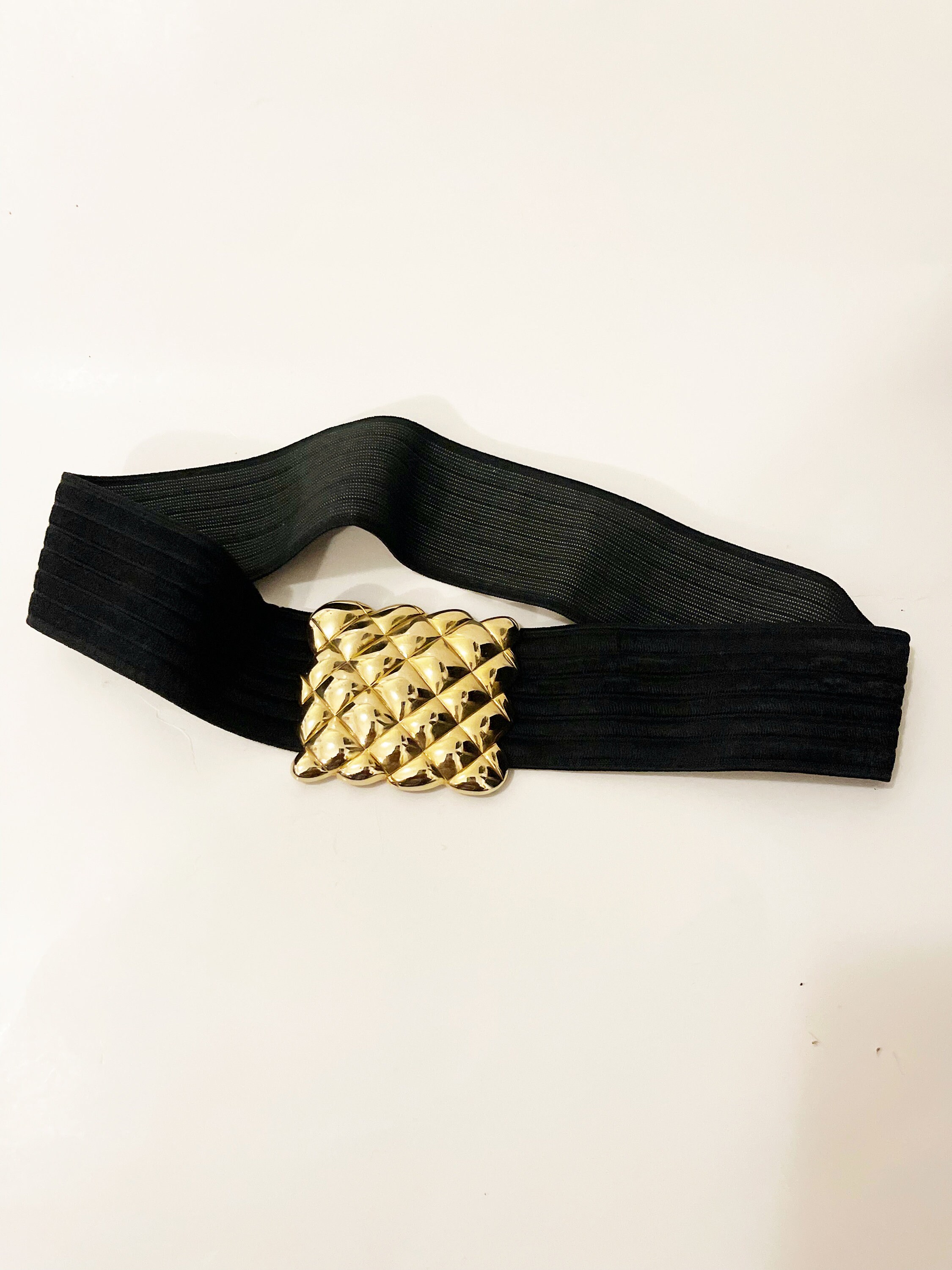 Black Elastic Waist Belt with Gold-Tone Bar Accents Women Black Elastic Fashion Belt - Hip High Waist Wide Band  main image 2