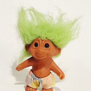 Vintage Troll Doll with Green Hair & Pastel Shorts – 1990s Retro Collectible Toy Blue Eye Vintage Troll Doll