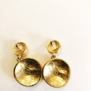 Vintage Drop Gold-tone Blue Enamel Earrings Pierced Double Circle Dangling Earrings Geometric Costume Jewelry Statement Bold Door Knocker image 3