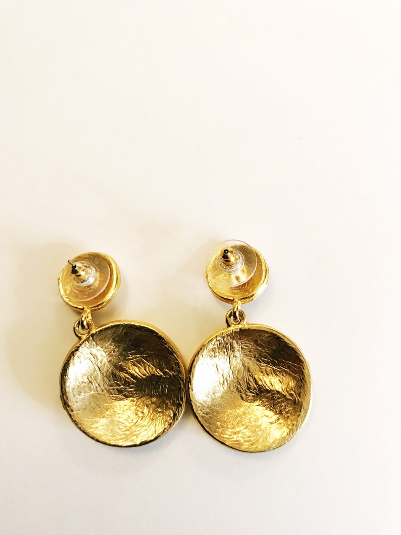 Vintage Drop Gold-tone Blue Enamel Earrings Pierced Double Circle Dangling Earrings Geometric Costume Jewelry Statement Bold Door Knocker image 3