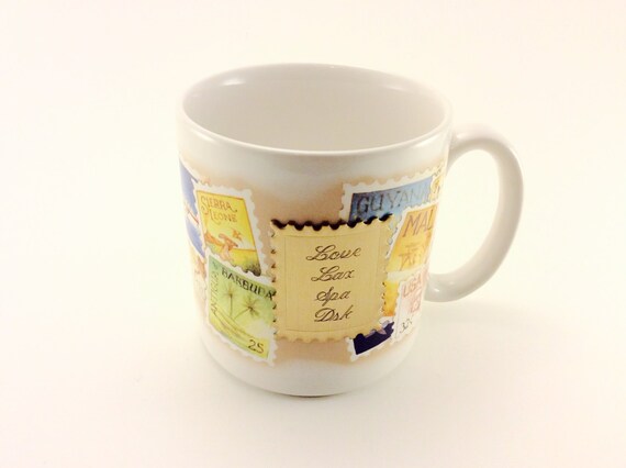 Vintage World Traveled Stamp Coffee Mug: International Souvenir