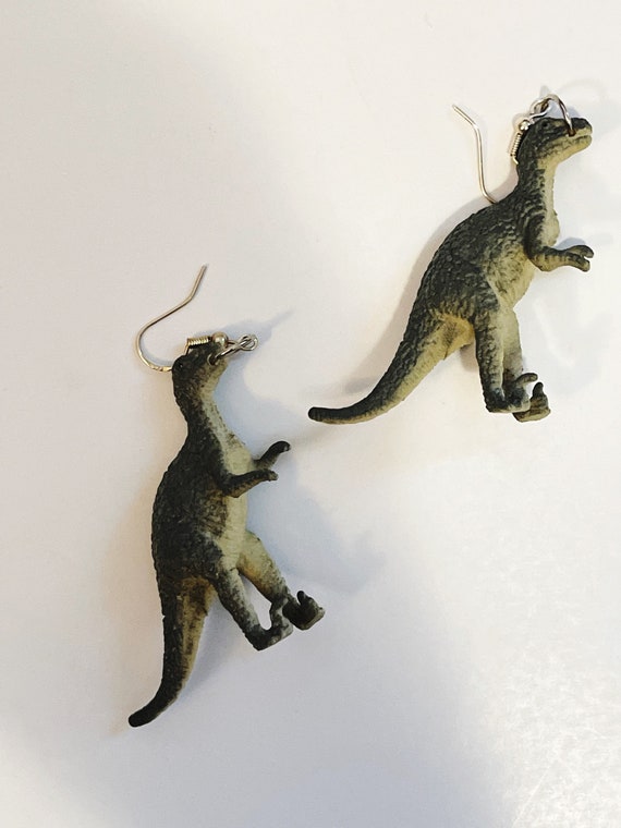 Dinosaur Toy Earrings: Retro Novelty Silver Plated Hooks