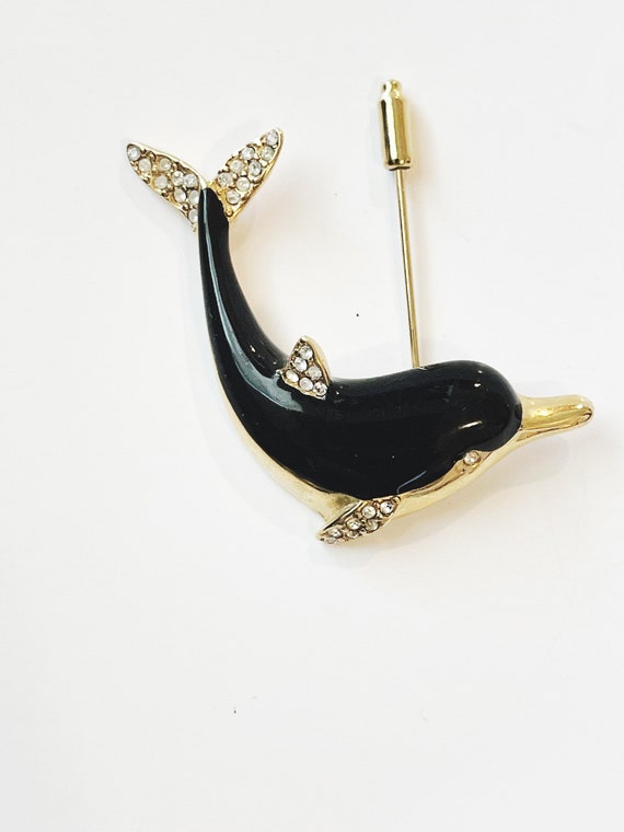 Kenneth Jay Lane Vintage Dolphin Pin: Black Ename… - image 7