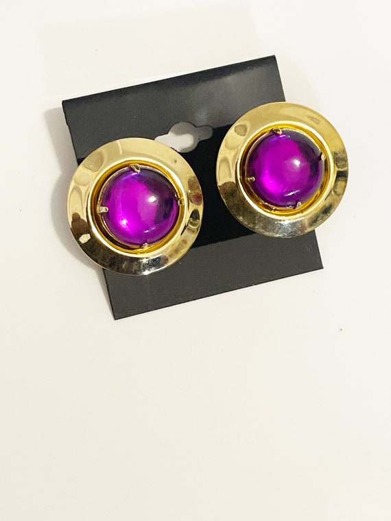 1980s Gem Earrings Purple and Gold Huge Button Ea… - image 1