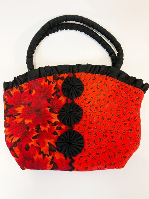 Red and Black Fabric Handbag Floral Lunch Pal Clo… - image 4