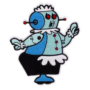 May include: Embroidered patch of a cartoon robot maid in blue, black, and white. The robot has red eyes and accents, a frilly collar, and a black skirt. The patch has a whimsical, retro design, perfect for adding to clothing or accessories.