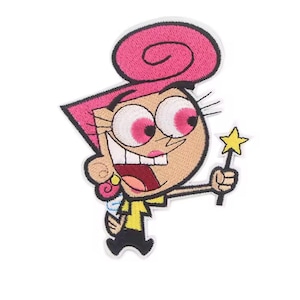 May include: Embroidered patch featuring a cartoon character with pink hair, large pink-centered eyes, and a yellow shirt. The character is holding a yellow star-shaped wand and a blue and white object. The patch has a white border.