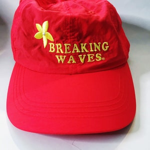 Vintage Breaking Waves Neon Orange Hat Yellow Trucker Hat Nylon Velcro Adult One Size Fits Ball Cap Beach Surfer Sports Ware 90s Beach Hat