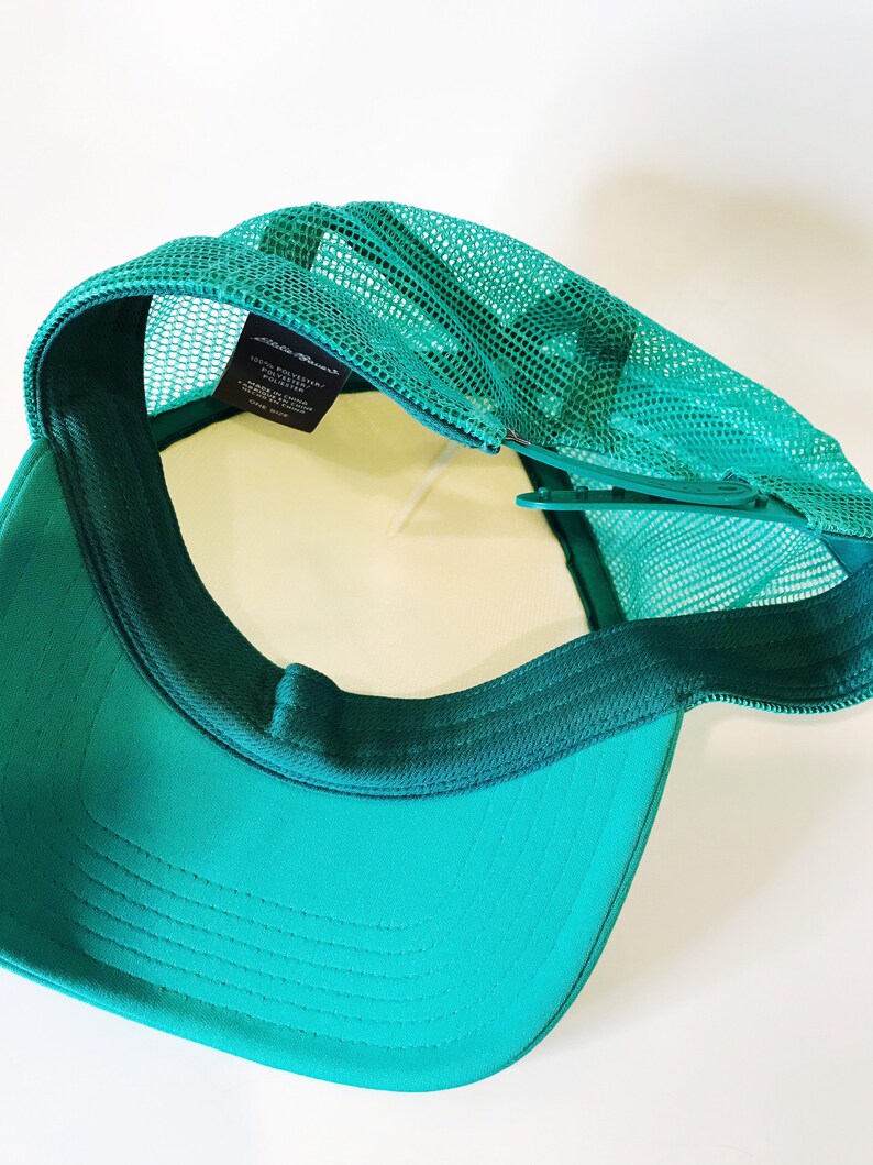 Vintage Eddie Bauer Trucker Hat Sea USA Mesh Hipster Hat Teal Green and White Snap back One Size Snapback image 7