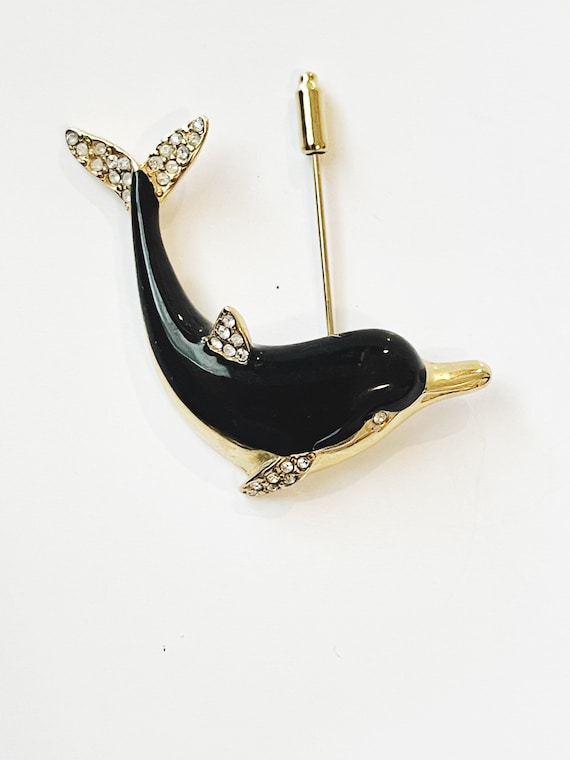 Kenneth Jay Lane Vintage Dolphin Pin: Black Ename… - image 6