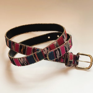 Vintage Tapestry Tribal Belt Retro 1990s Hipster Belt Beaded Trimmed Ladies Belt Aztec Women Accessories Size Large Made in USA