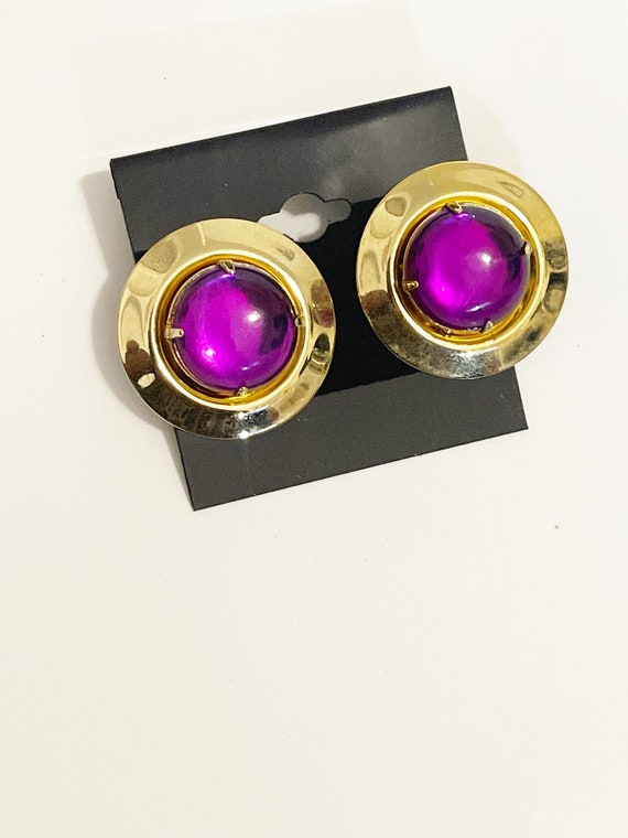 1980s Gem Earrings Purple and Gold Huge Button Ea… - image 6