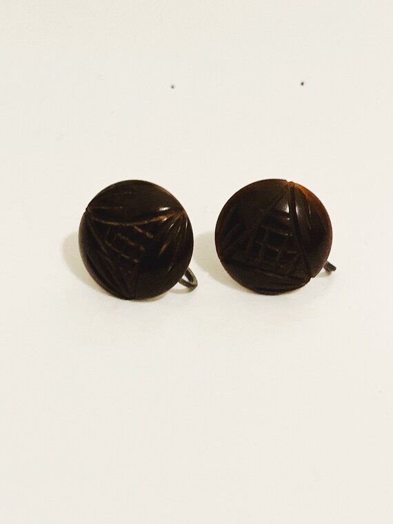 Vintage Lucite Clip On Earrings Round Brown Butto… - image 4