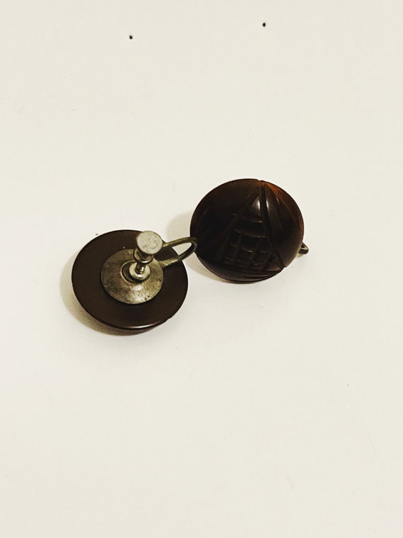 Vintage Lucite Clip On Earrings Round Brown Butto… - image 3