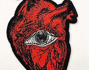 Anatomical Heart Eye Embroidered Patch: Gothic Punk Iron-On Applique