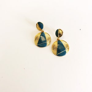 Vintage Drop Gold-tone Blue Enamel Earrings Pierced Double Circle Dangling Earrings Geometric Costume Jewelry Statement Bold Door Knocker image 4