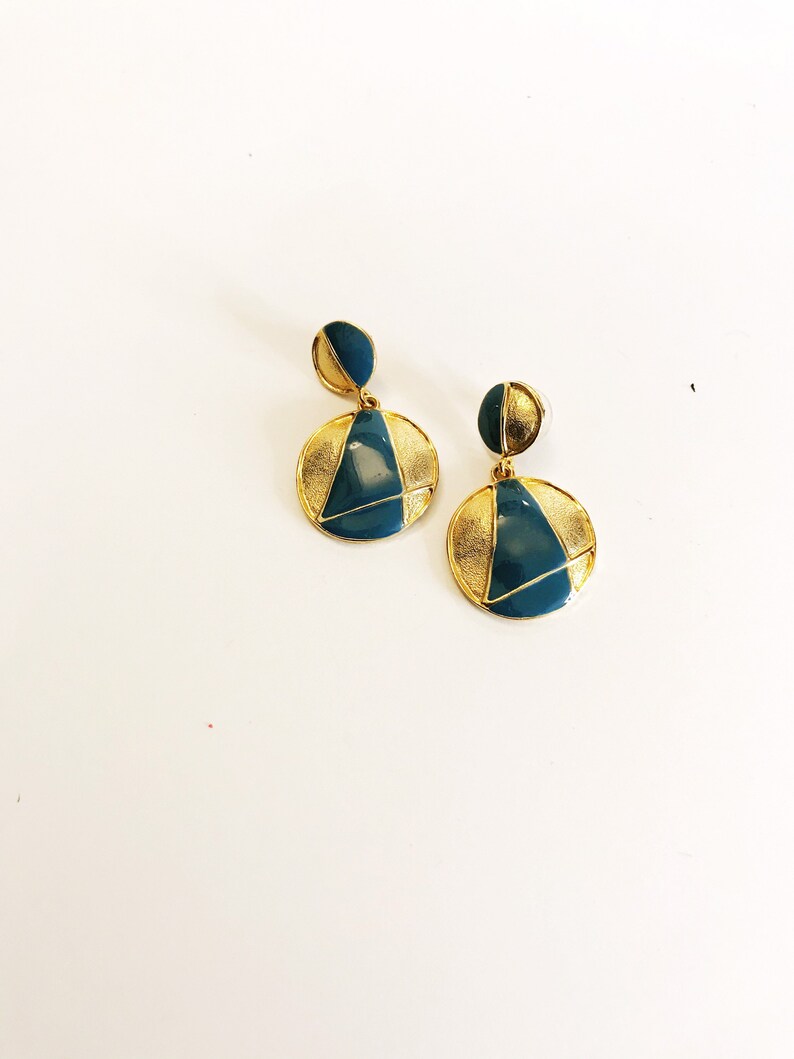 Vintage Drop Gold-tone Blue Enamel Earrings Pierced Double Circle Dangling Earrings Geometric Costume Jewelry Statement Bold Door Knocker image 4