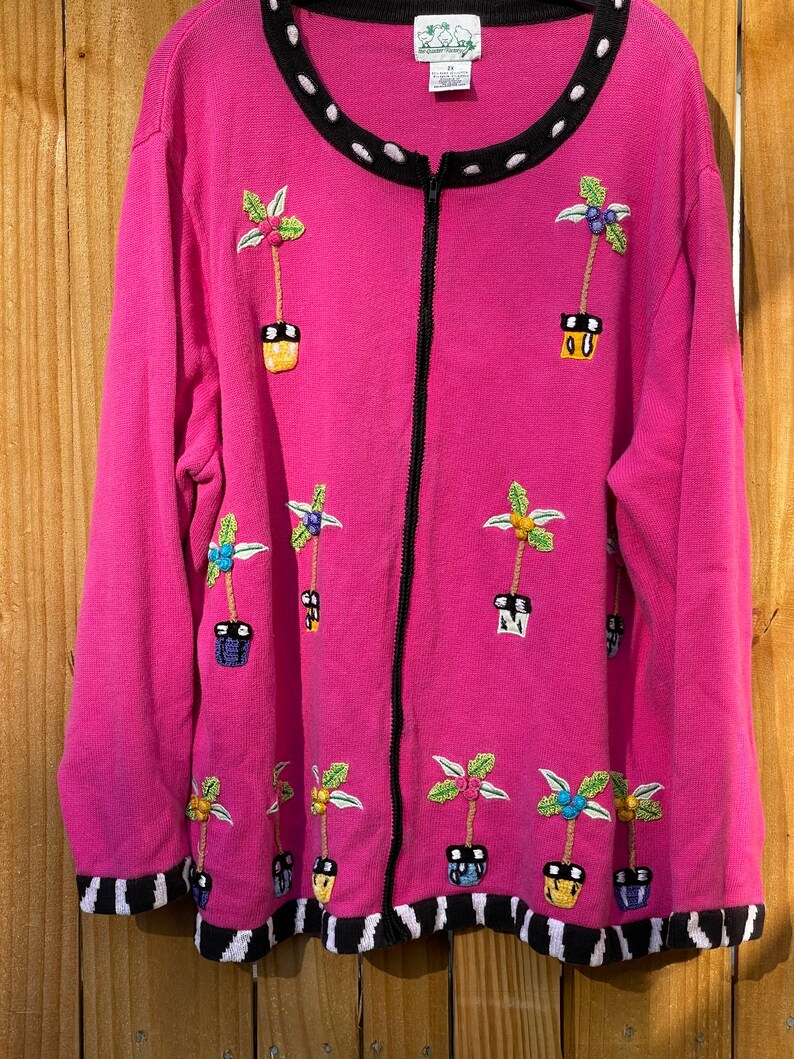 Hot Pink Palm Trees Sweater with Zipper Cardigan Size 2X Plus Size Christmas in July Ugly Christmas Sweater Holiday Sweater Winter Sweater image 3