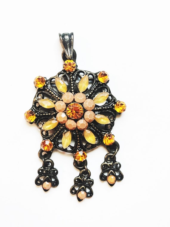 Vintage Orange Rhinestones Pendant Necklace Penda… - image 1