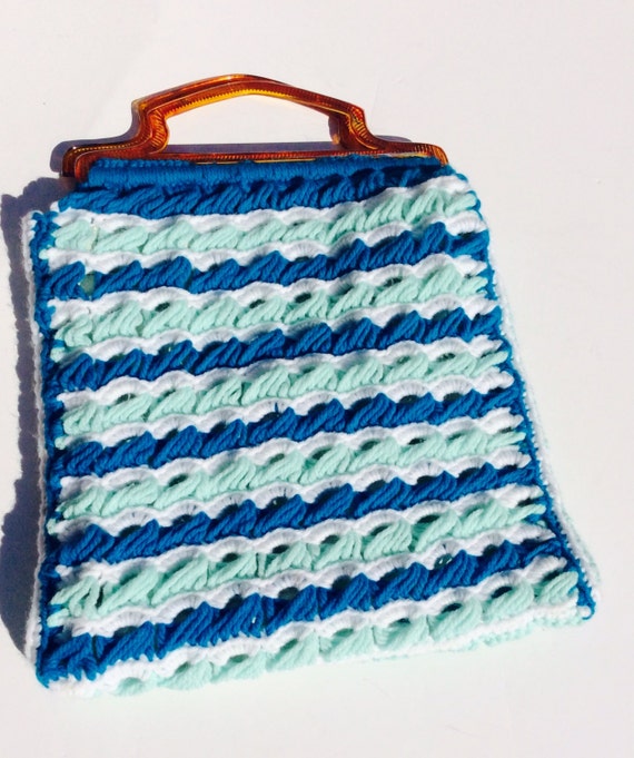 Handmade Blue White Crochet Knit Handbag Purse To… - image 2