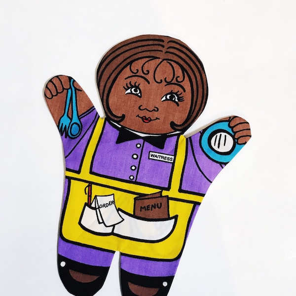Dexter pädagogische Spielzeug Beruf Arbeitslehre Hand puppe Puppe KellnerKellnerKellnerin Schwarzes Mädchen Puppe afroamerikanische Puppe