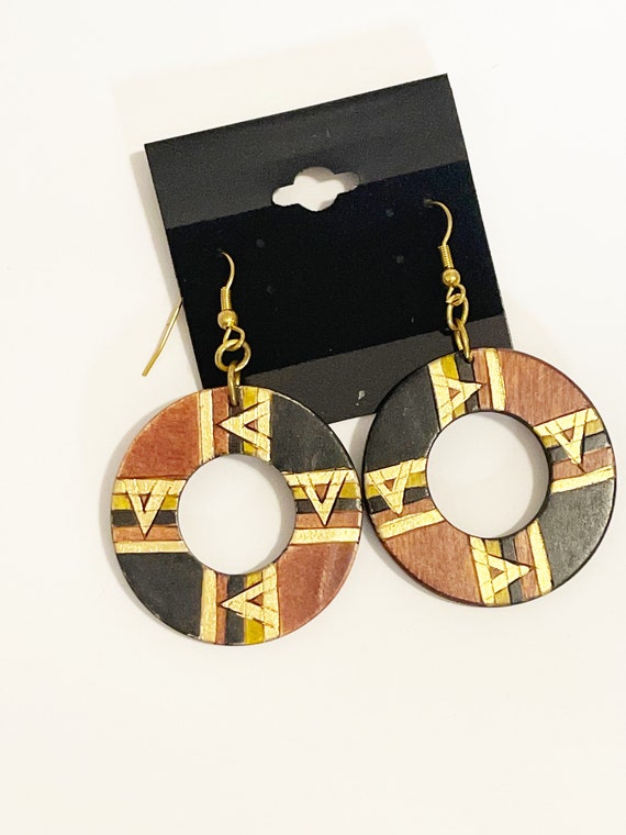 Boucles D'oreilles Rondes Vintage En Bois Et Laiton Doré - Style Ethnique - Dormeuses