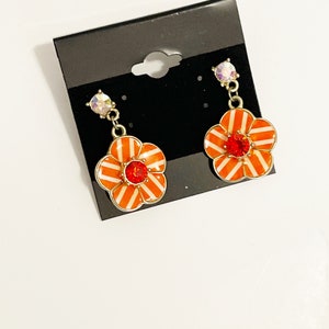 Vintage 1980&#39;s Neon Orange Floral Earrings Orange Striped Flower Earrings Pierced Rhinestone Earrings Drop Dangle Bold Costume Jewelry