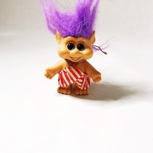 Troll with Purple Hair, 1992 Pointy Ear Funny Troll with Striped Halter Dress I.T.B International Teddy Bear Collectible Vintage Trolls 90s image 2