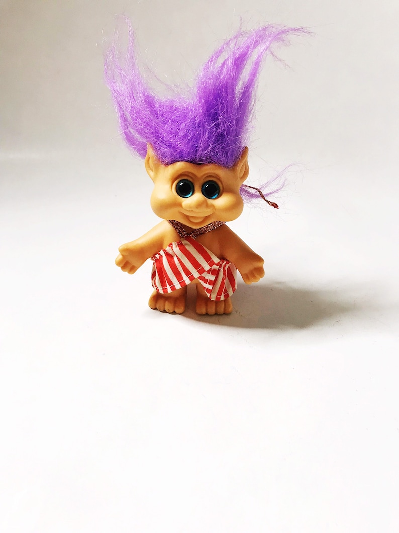 Troll with Purple Hair, 1992 Pointy Ear Funny Troll with Striped Halter Dress I.T.B International Teddy Bear Collectible Vintage Trolls 90s image 2