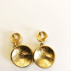 Vintage Drop Gold-tone Blue Enamel Earrings Pierced Double Circle Dangling Earrings Geometric Costume Jewelry Statement Bold Door Knocker image 9