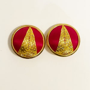 Vintage 1990s Círculo Oro Rojo Hilo Satinado Pendientes De Botón Redondo Pendientes Retro Kitsch Pendientes 90s Bisutería Pendientes Formales Pendientes Formales
