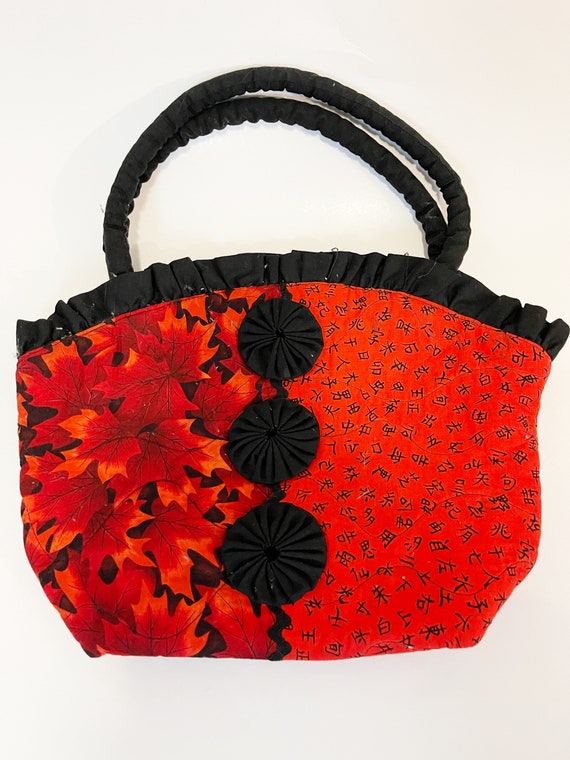 Red and Black Fabric Handbag Floral Lunch Pal Clo… - image 8