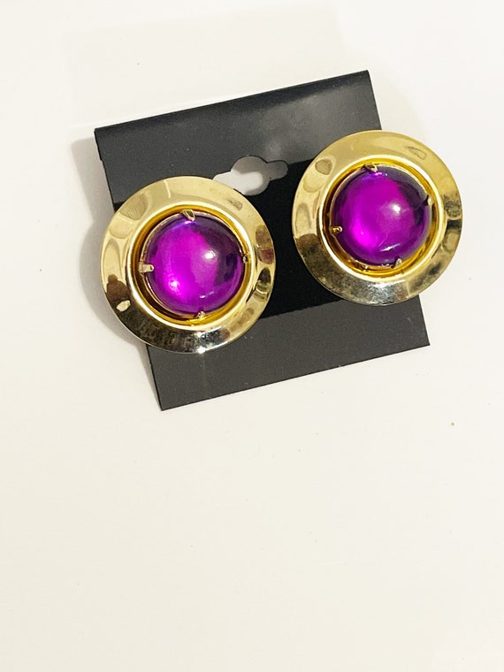 1980s Gem Earrings Purple and Gold Huge Button Ea… - image 5