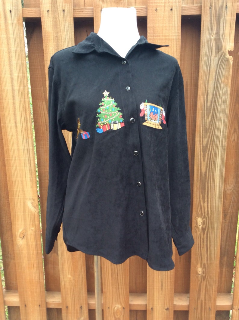 Black Long Sleeve Woman/'s Size M Holiday Velveteen Blouse Tops Ugly Christmas Shirt Bill Blass Jeans Ladies Christmas Shirt Button Down