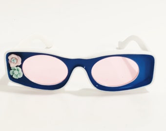 Hand Embellished Retro Sunglasses: Groovy Black & White Frame, Pink Lenses