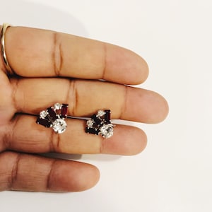 Vintage B. David Rhinestones Clip On Earrings Red & Clear Silver Tone Screw Back Ruby Red Rhinestone Faux Diamond Elegant Costume Jewelry
