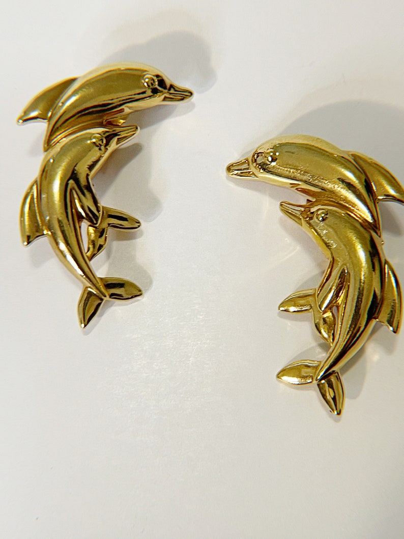 Vintage Dolphin Clip On Earrings Golden Dolphin Earrings Retro 80s Statement Clip Ons Fun Pair Vtg Gold Tone Large Dolphins Clip Earrings image 9