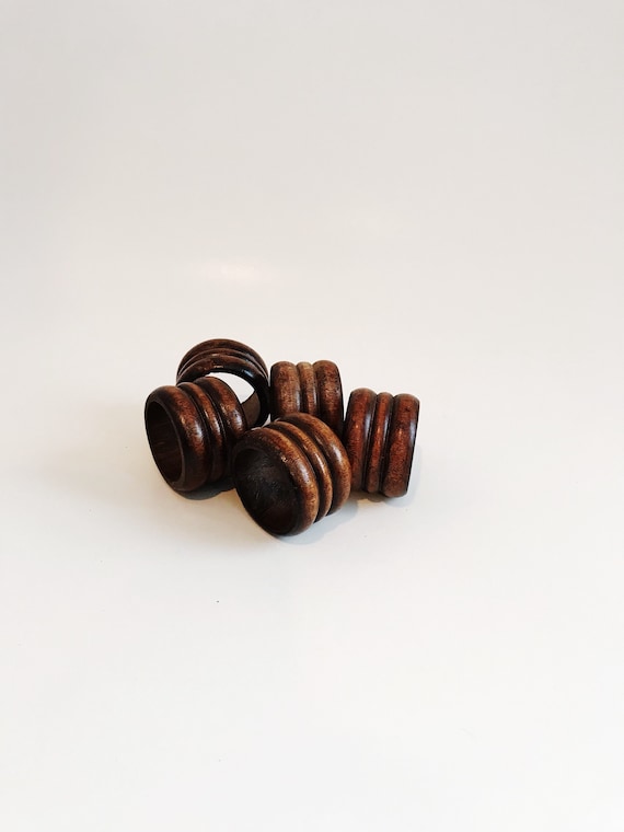 Vintage Wood Napkin Rings Mod Dark Brown Wooden Napkin Holder Rustic Mid Century Ridge Round Napkin Ring