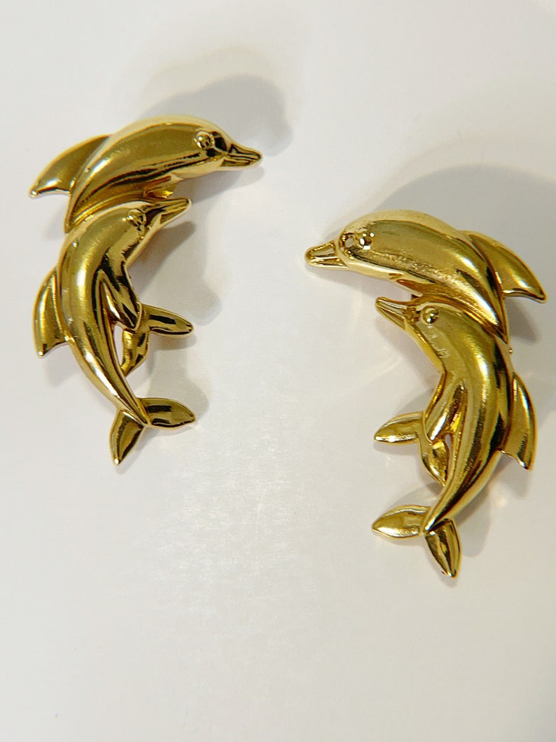 Vintage Dolphin Clip On Earrings Golden Dolphin Earrings Retro 80s Statement Clip Ons Fun Pair Vtg Gold Tone Large Dolphins Clip Earrings image 3