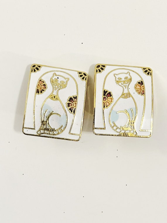 Vintage Cloisonne Cat Earrings  Kitten White Butt… - image 3