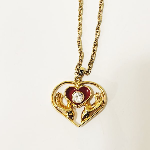 Vintage Lindenwold Double Heart Helping Hands Necklace Goldtone Chainlink Red Heart Faux Diamond Rhinestone Pendant Necklace Valentine's Day